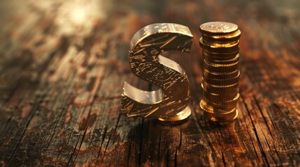 Golden S Object and Stack of Coins on Wooden Surface