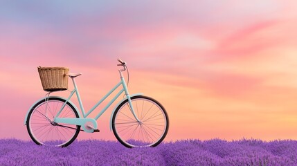 Fototapeta premium A scenic bicycle ride through a lavender field in full bloom under a pastel sunset sky