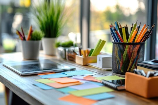 Creative workspace filled with colorful sticky notes and vibrant stationery boosting productivity during a sunny day
