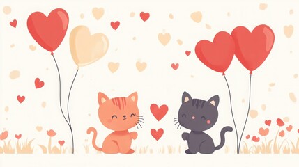 Charming cartoon cats celebrating love with heart balloons, playful and sweet