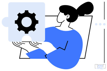 Woman in blue holding a puzzle piece featuring a gear icon, symbolizing creativity, teamwork, and problem-solving. Ideal for collaboration, innovation, strategy, development, organization education