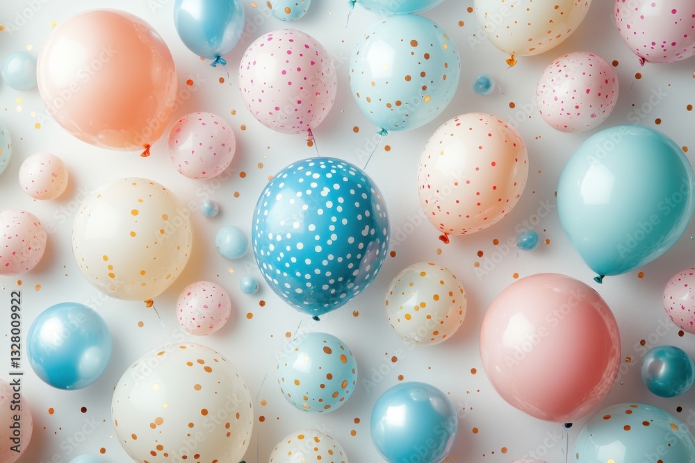 Poster Colorful decorative balloons in various shapes and patterns arranged on a light wall, creating a festive atmosphere suitable for any celebration or event