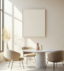 Minimalist dining room with beige chairs, round marble table, and blank canvas.