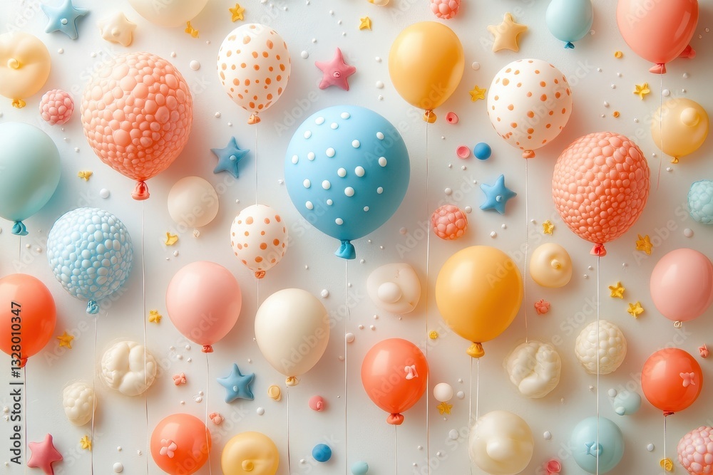 Aufkleber Colorful decorative balloons in various shapes and patterns arranged on a light wall, creating a festive atmosphere suitable for any celebration or event