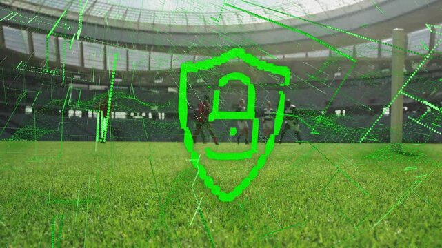 Green digital lock animation over football stadium field during daytime