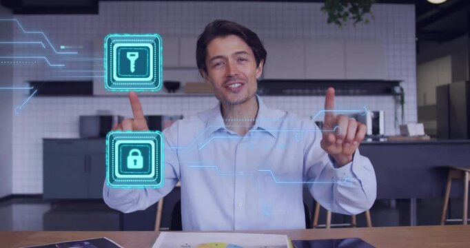 In office, man discussing digital security with animation of key and lock icons