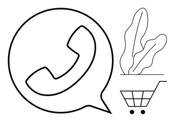 Phone receiver inside speech bubble next to a shopping cart containing plants. Ideal for communication, customer service, e-commerce, online shopping, sustainability, gardening, minimalistic design