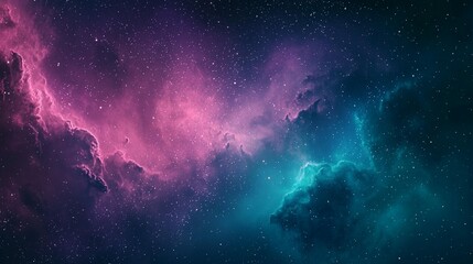 Fototapeta premium Pink and teal nebula in outer space with stars.
