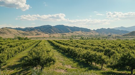 Naklejka premium Verdant orchard stretches towards distant mountains under a serene sky