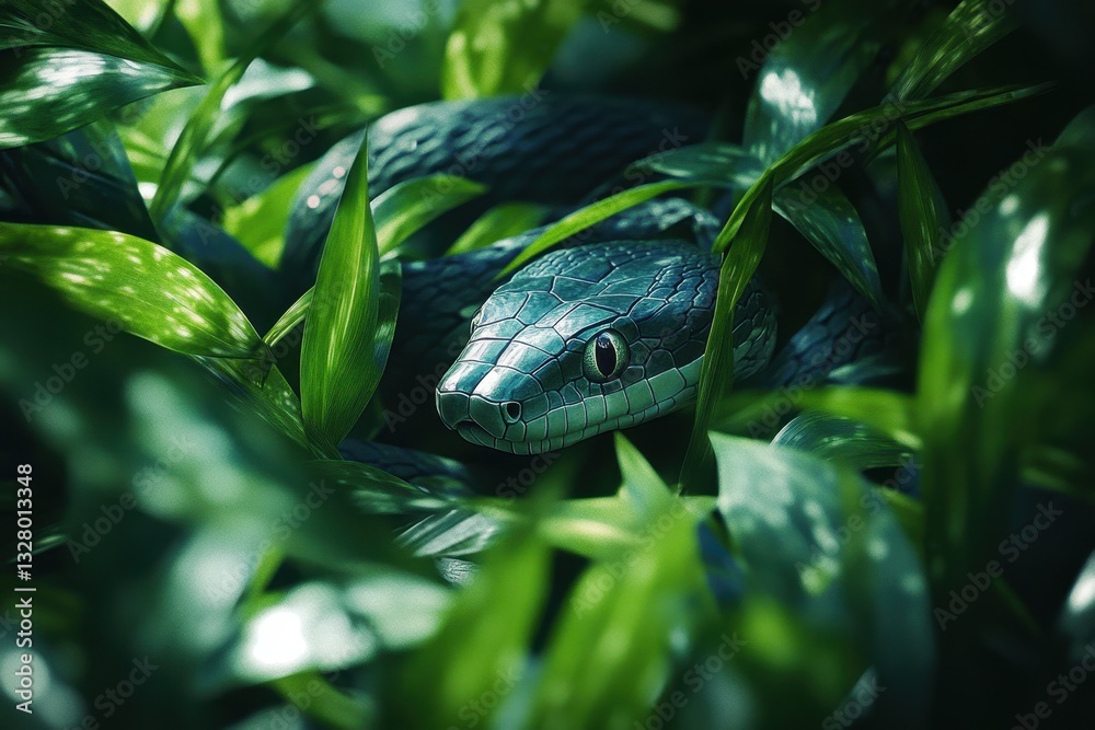 Aufkleber Snake resting on green grass with stones in background captured in the soft light of a serene natural setting