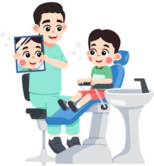 a Dentist Holding a Mirror for a Kid on Dental Patient Chair to See