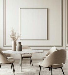 Minimalist dining room with blank frame.