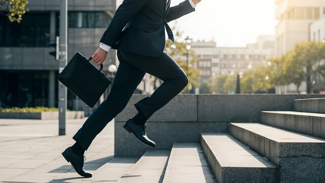 Man in formal businesswear running up stairs with a briefcase in an outdoor cityscape. Represents leadership, career growth and determination in a modern corporate world