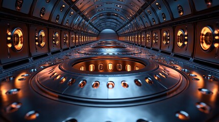 Obraz premium Futuristic, metallic tunnel with glowing circular features