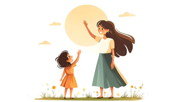 Cheerful Cartoon Mother Waving Goodbye to Little Daughter in a Heartwarming Illustration