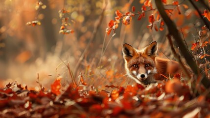 Naklejka premium Red Fox in Autumnal Forest Undergrowth