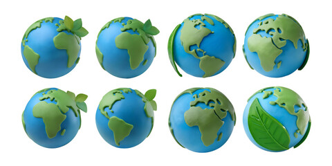 Earth Globes with Green Leaves and Butterflies on a White Background, isolated on transparent background