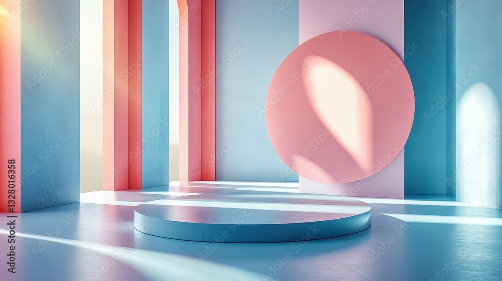 Poster colorful abstract illustration of curved architectural elements with vibrant hues and soft shadows i