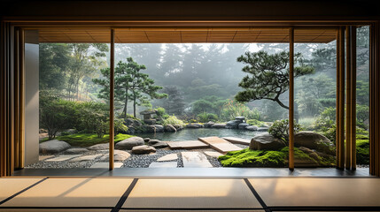 Serene Zen-inspired retreat elegantly framed through a delicate bamboo window inviting peaceful mindful escape ambiance
