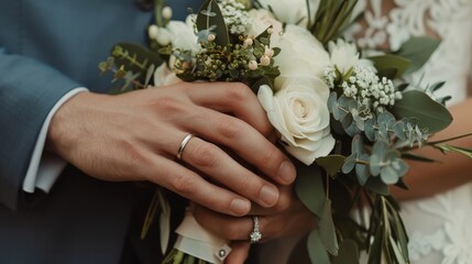 Wedding Bouquet Held by Bride and Groom with Wedding Rings