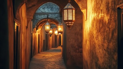 A narrow cobblestone alleyway illuminated by hanging lanterns at dusk