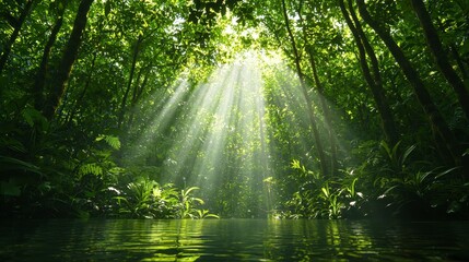 Sunlit Forest Scene Calm Water Reflects Green Canopy and Light Rays