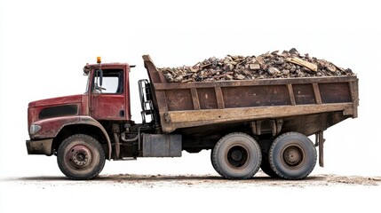 Obraz premium A large red dump truck is filled with construction debris