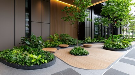 Fototapeta premium Modern Office Courtyard with Lush Greenery and Sand Pathways