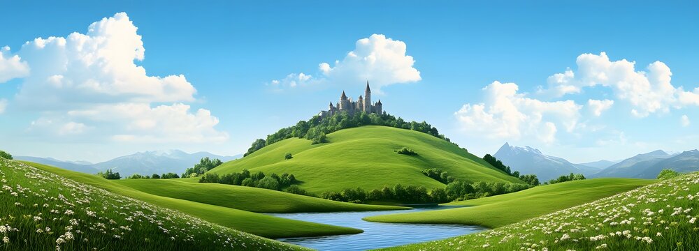 A dreamy fairytale landscape with rolling green meadows, a crystal-clear river, and a distant castle