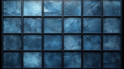 Cool, textured, dark-blue tiles in square frames