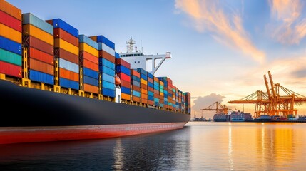 Fototapeta premium Colorful Cargo Ship at Sunset Port