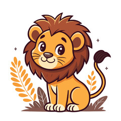Cute Cartoon Lion Sitting in Lush Surroundings
