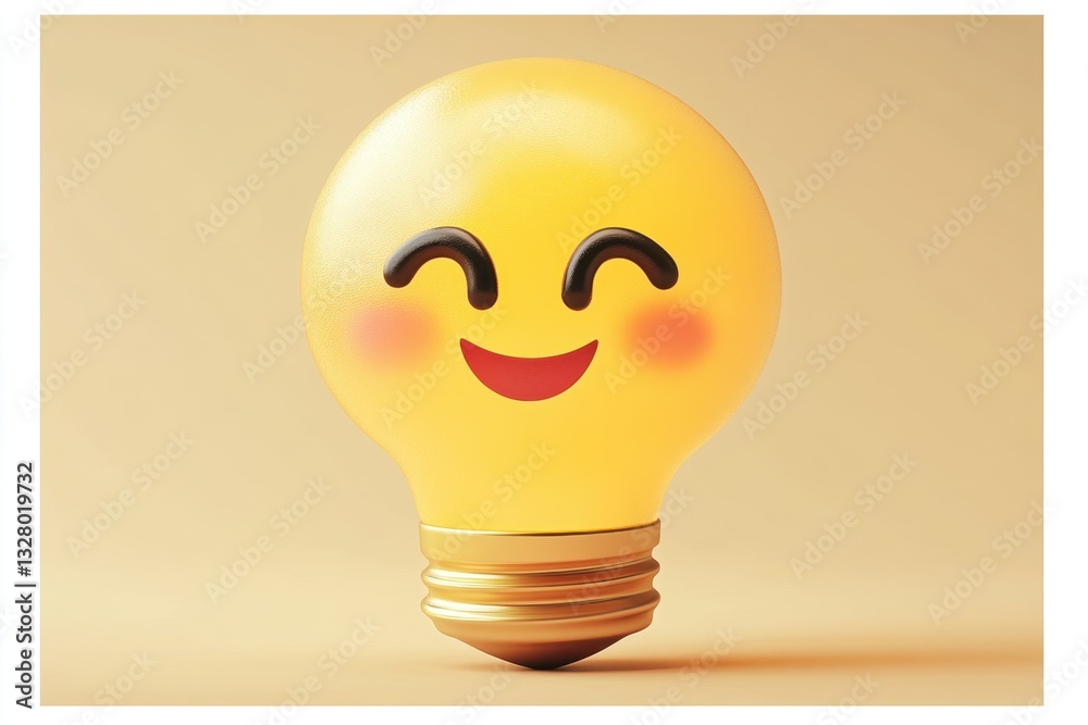 Poster smiling light bulb illustration with cheerful expression in bright yellow on a warm background