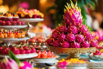 Vibrant dragon fruit centerpiece at a colorful dessert banquet showcasing Asian delicacies and confectionery art