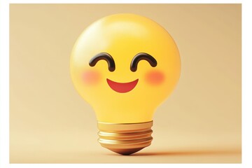 Smiling light bulb illustration with cheerful expression in bright yellow on a warm background