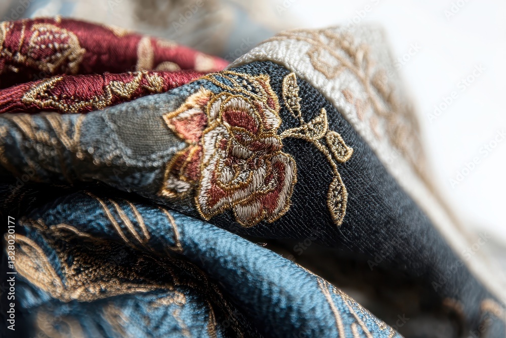 Poster elegant textile featuring intricate patterns and rich color tones, showcasing fine craftsmanship and