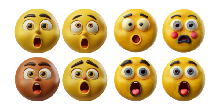 Diverse Expressions of Surprise and Shock in Cartoonish Emojis, isolated on transparent background