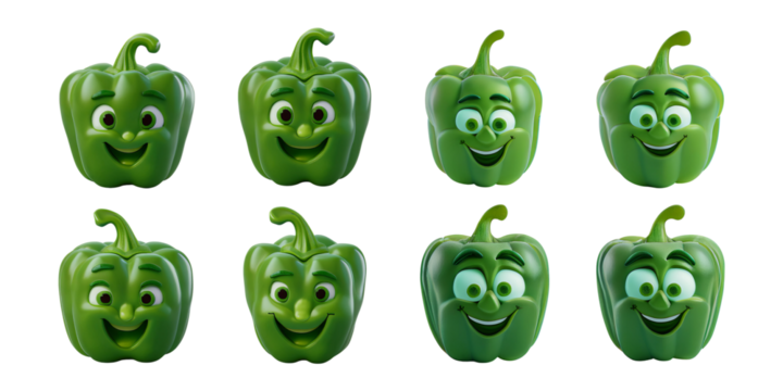 Playful Cartoon Green Bell Peppers with Various Expressions, isolated on transparent background