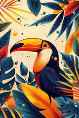 A colorful toucan is surrounded by lush tropical leaves in this abstract vector design. The clean beige background highlights the vibrancy of the composition, offering space for text