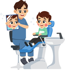 a Dentist Holding a Mirror for a Kid on Dental Patient Chair to See