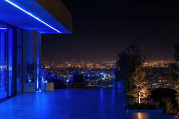 Obraz premium Modern Rooftop Terrace with City Skyline and Night Lights Views