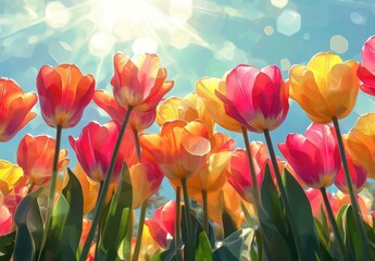 Vibrant Tulip Field Under Bright Sunlight with Colorful Petals and Blurred Background Creating a Cheerful Spring Atmosphere and Natural Beauty