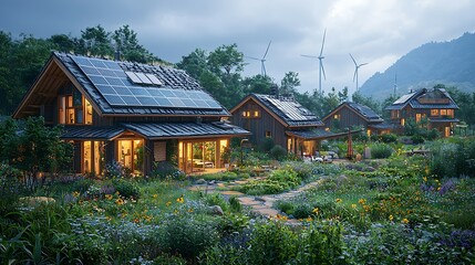 Eco-friendly Homes with Solar Panels and Wind Turbines in Rural Landscape