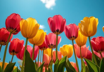 Vibrant Tulip Field Under Clear Blue Sky with Colorful Blooms in Pink, Red, and Yellow Highlighting Spring's Beauty and Nature&rsquo;s Splendor