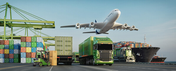Global Logistics and Transportation Scene - 3D Rendering Illustration..