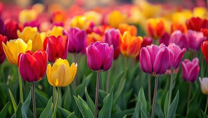 Obraz premium Vibrant Tulip Garden with a Beautiful Mix of Colors Displaying Spring Freshness and Natural Beauty in a Scenic Outdoor Setting