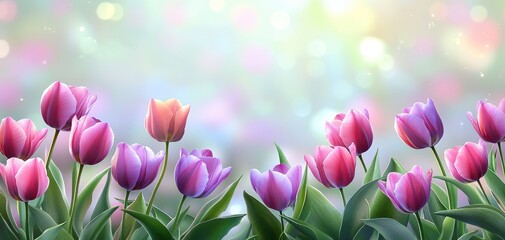 Obraz premium Vibrant Tulips Blooming Against a Soft Colorful Background, Emphasizing Natural Beauty and Springtime Charm in Floral Photography