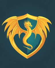 illustration of a golden yellow dragon logo, framed by a shield