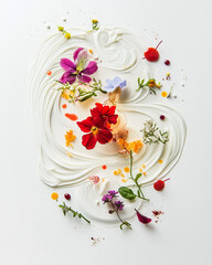 Top View, Artistic floral arrangement on cream base gourmet food photography minimalist style bright colors top-down angle