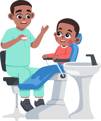 a Dentist Explaining about Teeth to a Kid on Dental Patient Chair